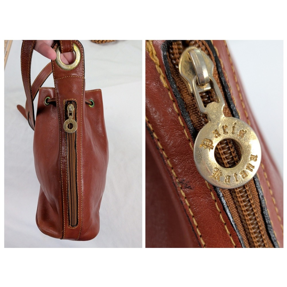 Katana Paris Vintage Brown Leather Drawstring Bucket Bag Crossbody Cognac Medium - Picture 3 of 13